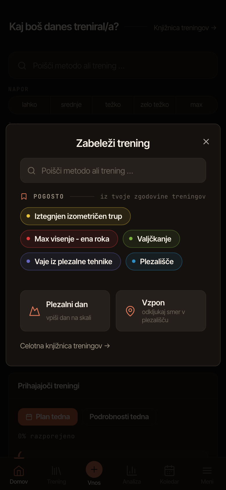 Dialog za vnos treninga: iskanje po knjižnici, pogoste metode, plezalni dan in vzpon